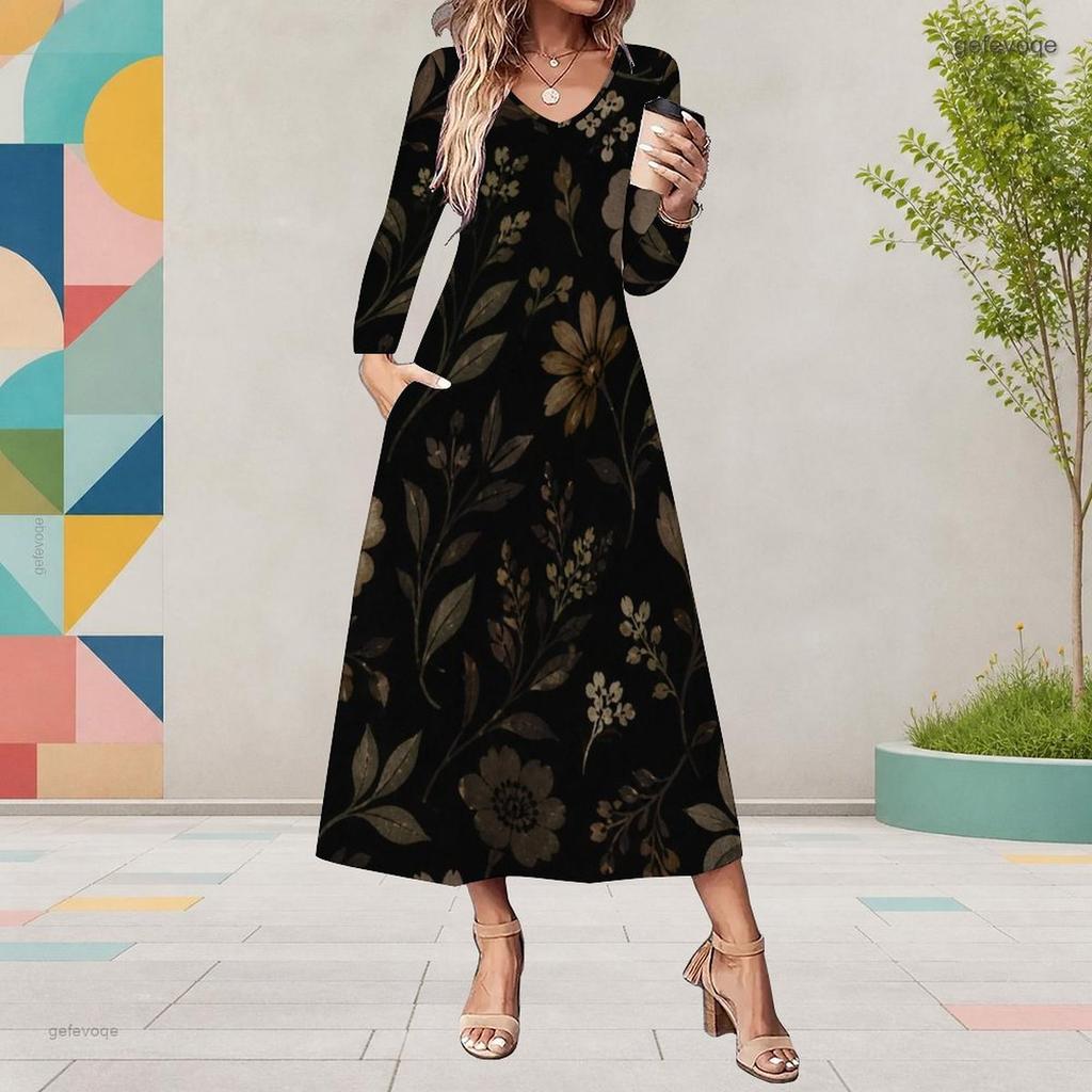 Women Plus Size Black Floral Printed Long Sleeve Round Neck A Line Midi Dress With Pockets