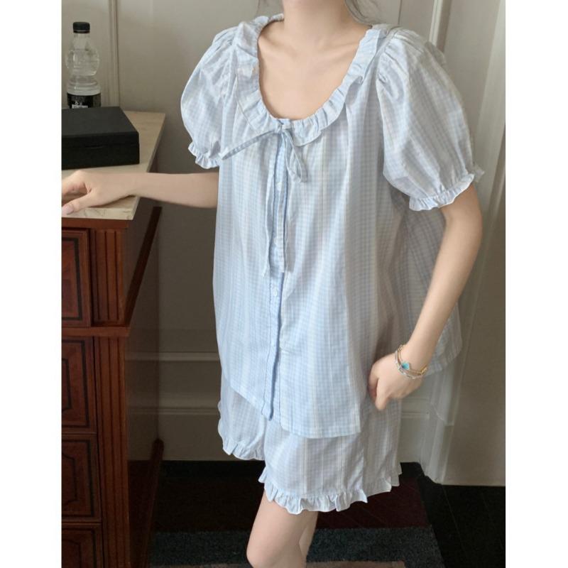 Pajamas Female Blue Plaid Small Fresh Doll Collar Homewear Senior Sense Short Sleeve Shorts Set Women's Loungewear Sleepwear
