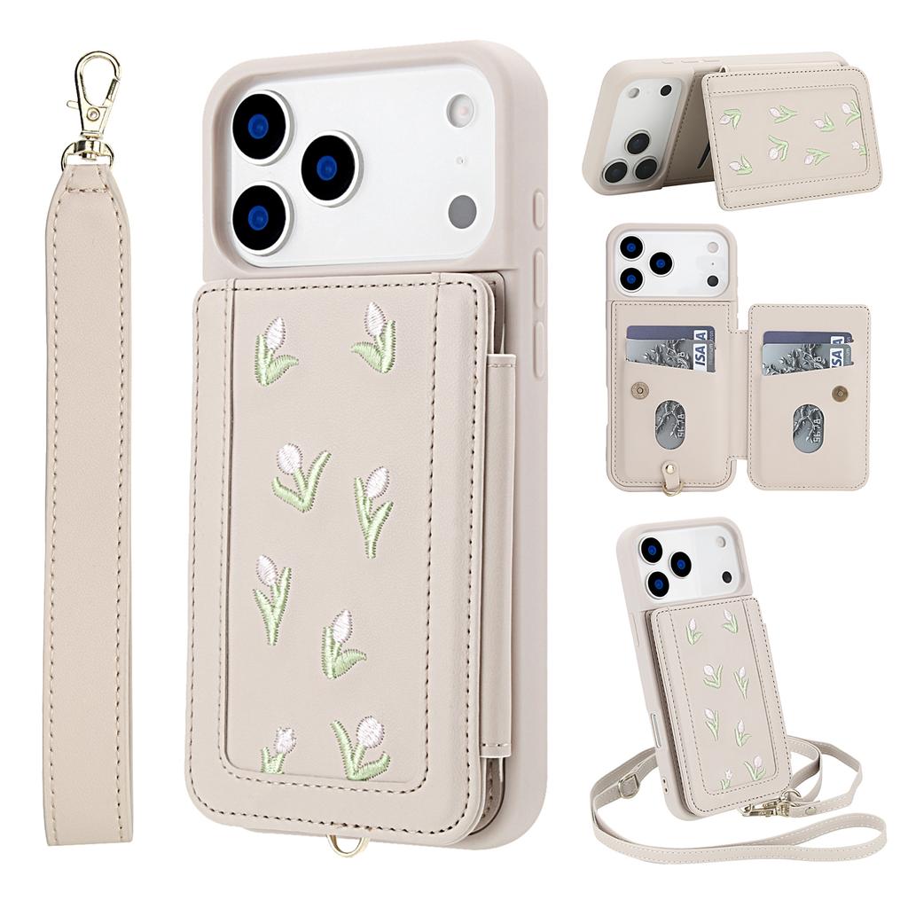 Crossbody Zipper Cards Solt Wallet Embroidery Leather Case for iPhone 17 Pro Max 16 Plus 15 14 13 12 Book Stand Skin Feel Cover