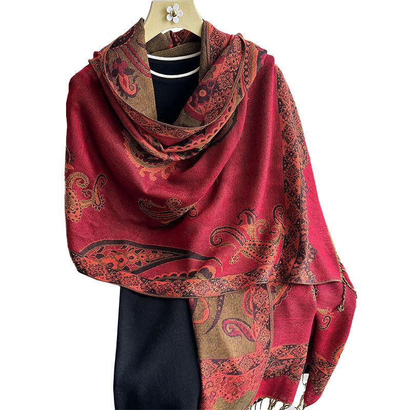 Imitationskaschmirschal, Ethnischer Stil Kaschublume Fransen Langer Schal, Hochmodische Warme Überwurfschal