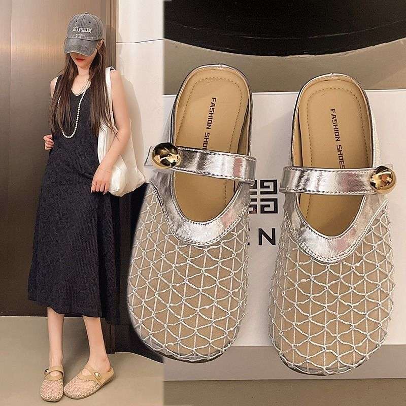 Fashion outer wear hollow bag head half slippers women's summer 2025 new versatile popular flat-bottomed mesh sandals