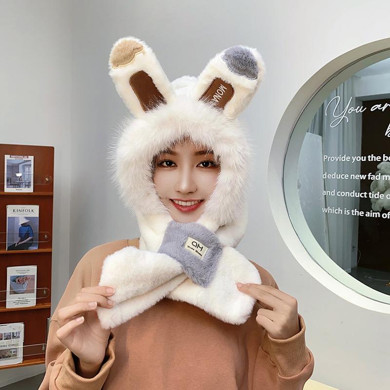 Rabbit Ears Warm Ears Furry Two-piece Set Thickened Plush Cute Hat Female Cycling Winter Hat