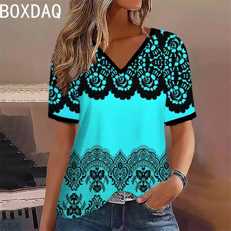 Summer short sleeved V-neck casual loose top elegant T-shirt