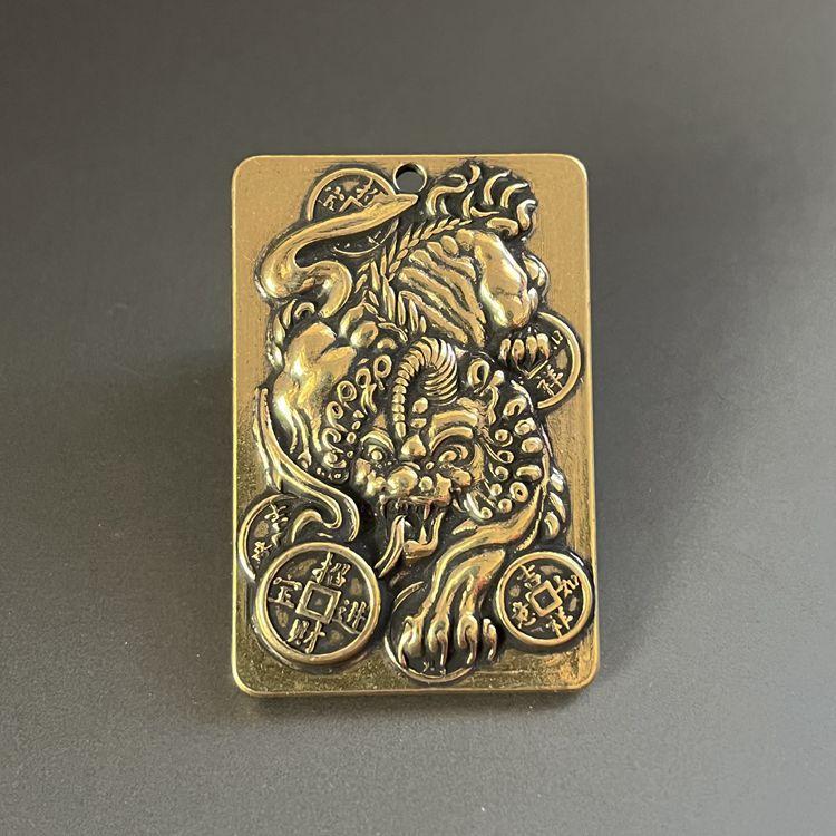 New Brass Carved Wealth-Attracting Pixiu and Kirin Wood Carving Pendant Handmade Relief Metal Pendant Double-Sided Fine Carving