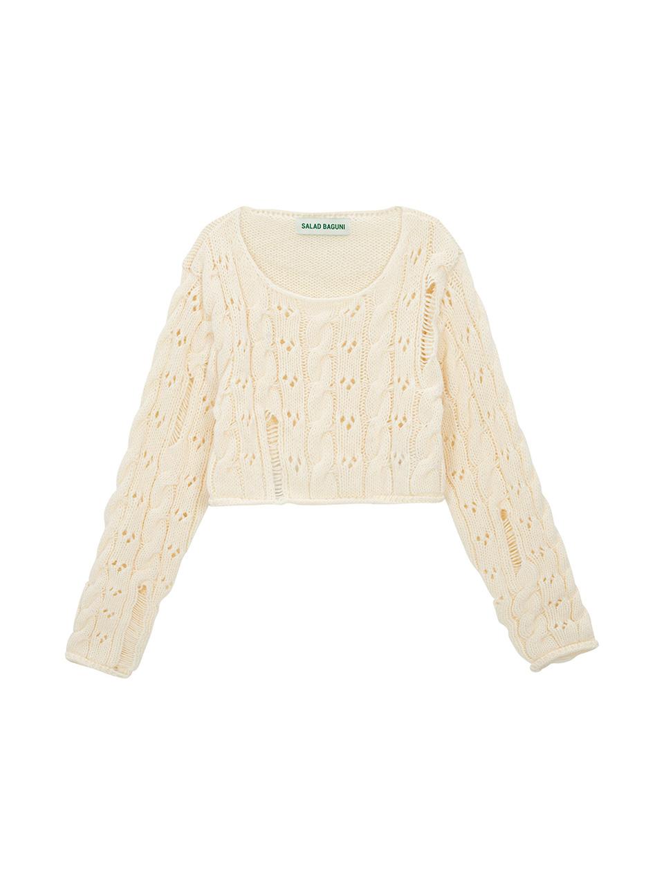 Salad Basket Damaged Cable Cropped Pullover_Ivory