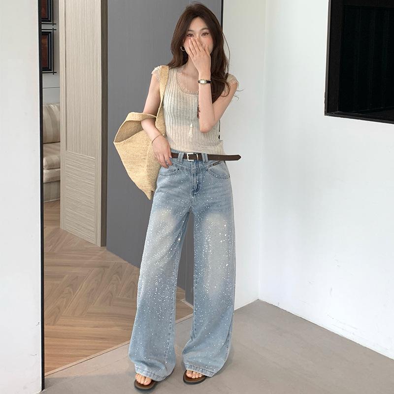 Korean Style Rhinestone Wide-Leg Denim Pants - High Waist, Slimming, Spring & Autumn Extra Small (XS)