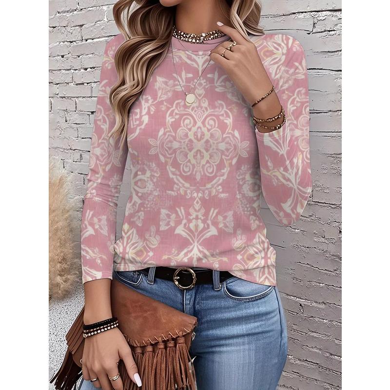 Autumn and Winter Women's Floral 3D Print Crew Neck Long-sleeve T-shirt with Ethnic Style