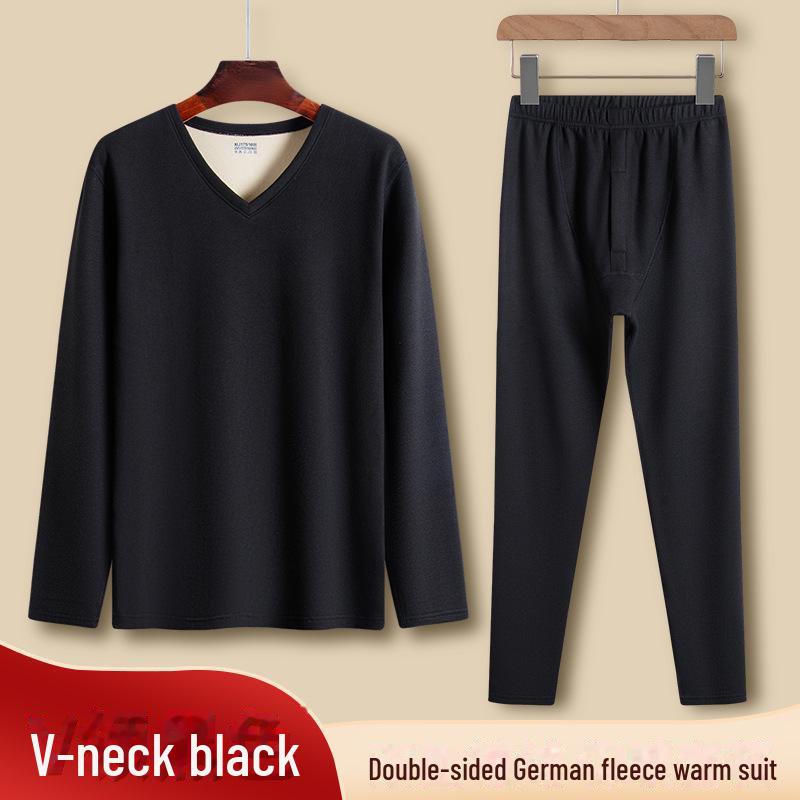 Qiweilang Men's Two-Color German Velvet Thermal Suit, No-Pill V-Neck & Round Neck, Autumn Underwear & Pants