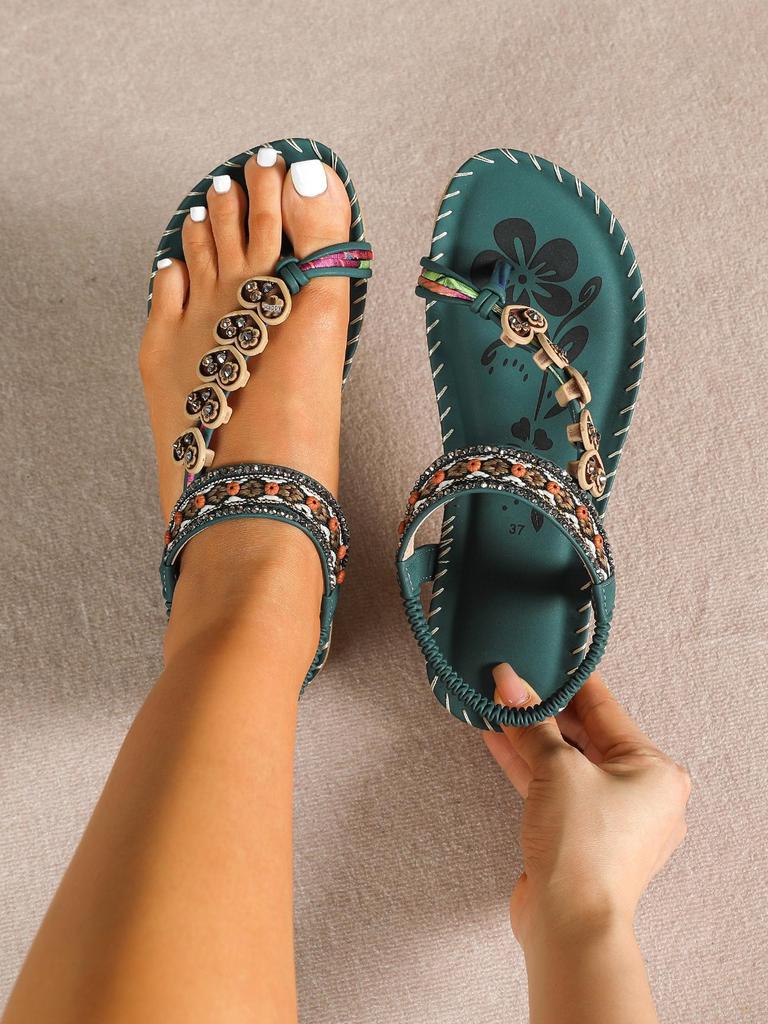 Boho Etniczne Damskie Sandały z Koralikami - Letnia Moda Płaskie Klapki