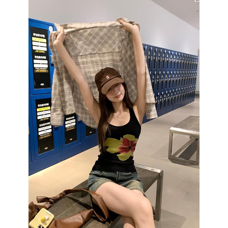 Korean Fashion Watercolor Flower Collar Sling Vest Women's Summer New Temperament Slim and Thin Design Top