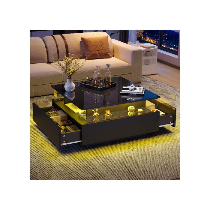 Măsuță de cafea LED modernă și lucioasă, 70*70*41cm, cu 2 sertare și o suprafață de expunere transparentă - capacitate de încărcare de 30kg