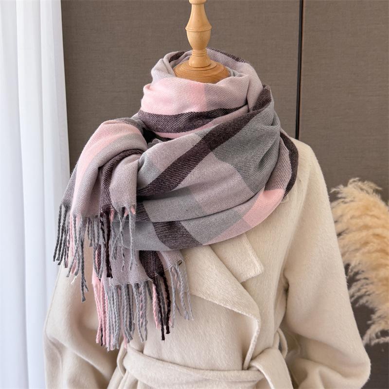 Korean version of literary and artistic plaid, warm in autumn and winter, cold scarf shawl, commuting versatile couple tassel imitation cashmere scarf