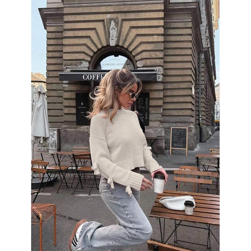 Осень Новинка Женский Трикотажный Пуловер с Круглым Вырезом во Французском Стиле, Свободный Свитер с Длинными Рукавами и Декором в Виде Бантов, Повседневные Топы S