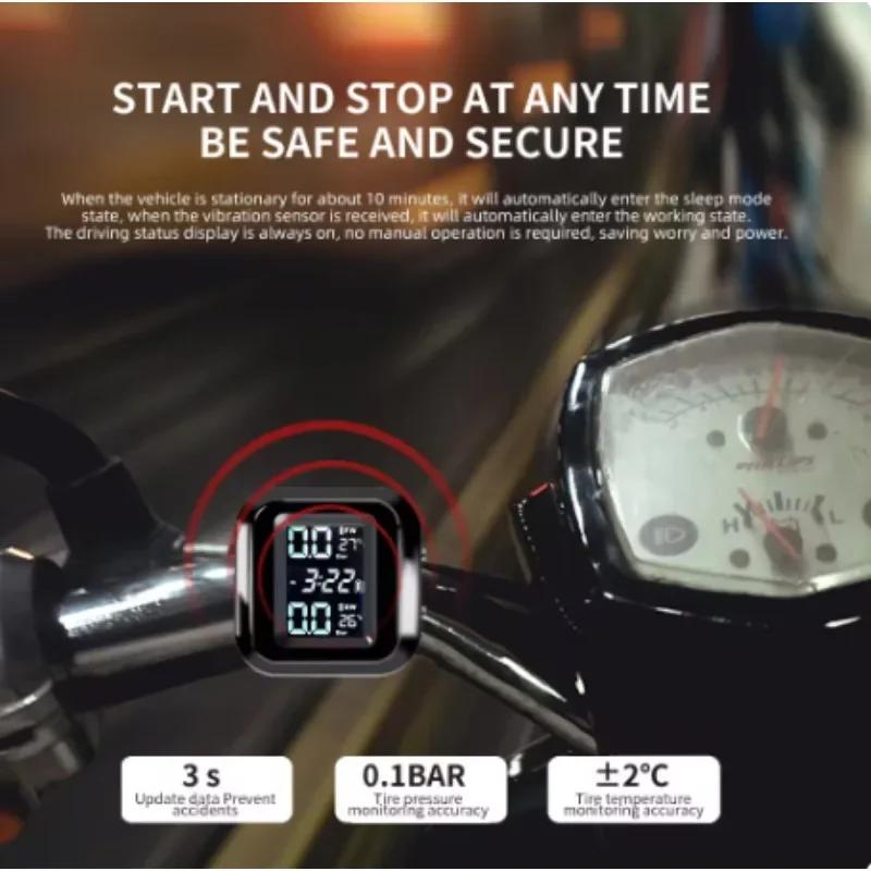 Wireless LCD Motorcycle Tire Pressure Monitoring System Pit Temperature Tester Tire Pressure Alarm System, Waterproof, 2 Sensors