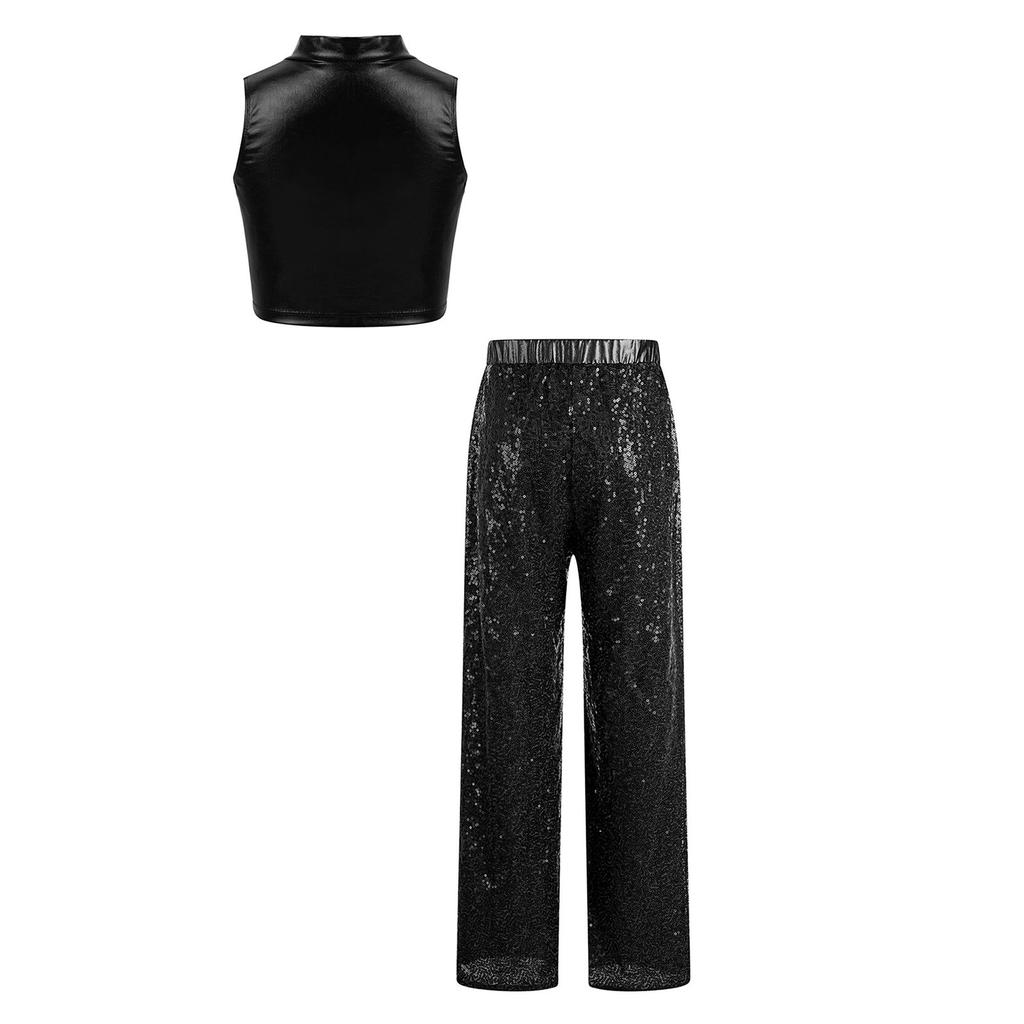 Kids Jazz Dance Costume Sleeveless Mock Neck Metallic Top and High Waist Sparkle Sequin Pants for Stage Competition