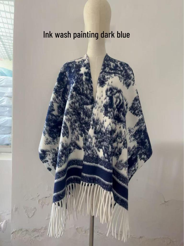 Elegant Ethnic Ink Painting Cape Shawl with Tassels - Versatile Travel Scarf Cloak