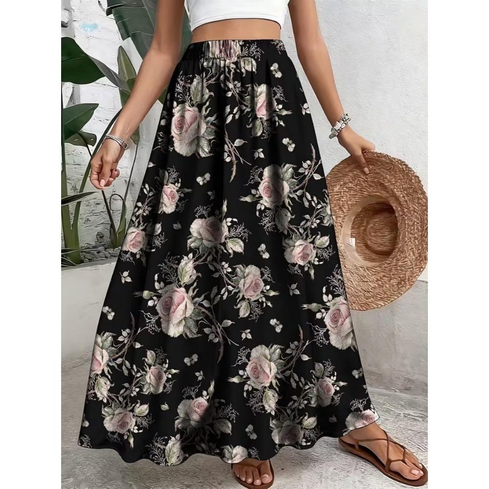 Women's Colorful Flower Printed High Waist Skirt Swing Skirt Elastic High Waist Flower Elegant Party Skirt