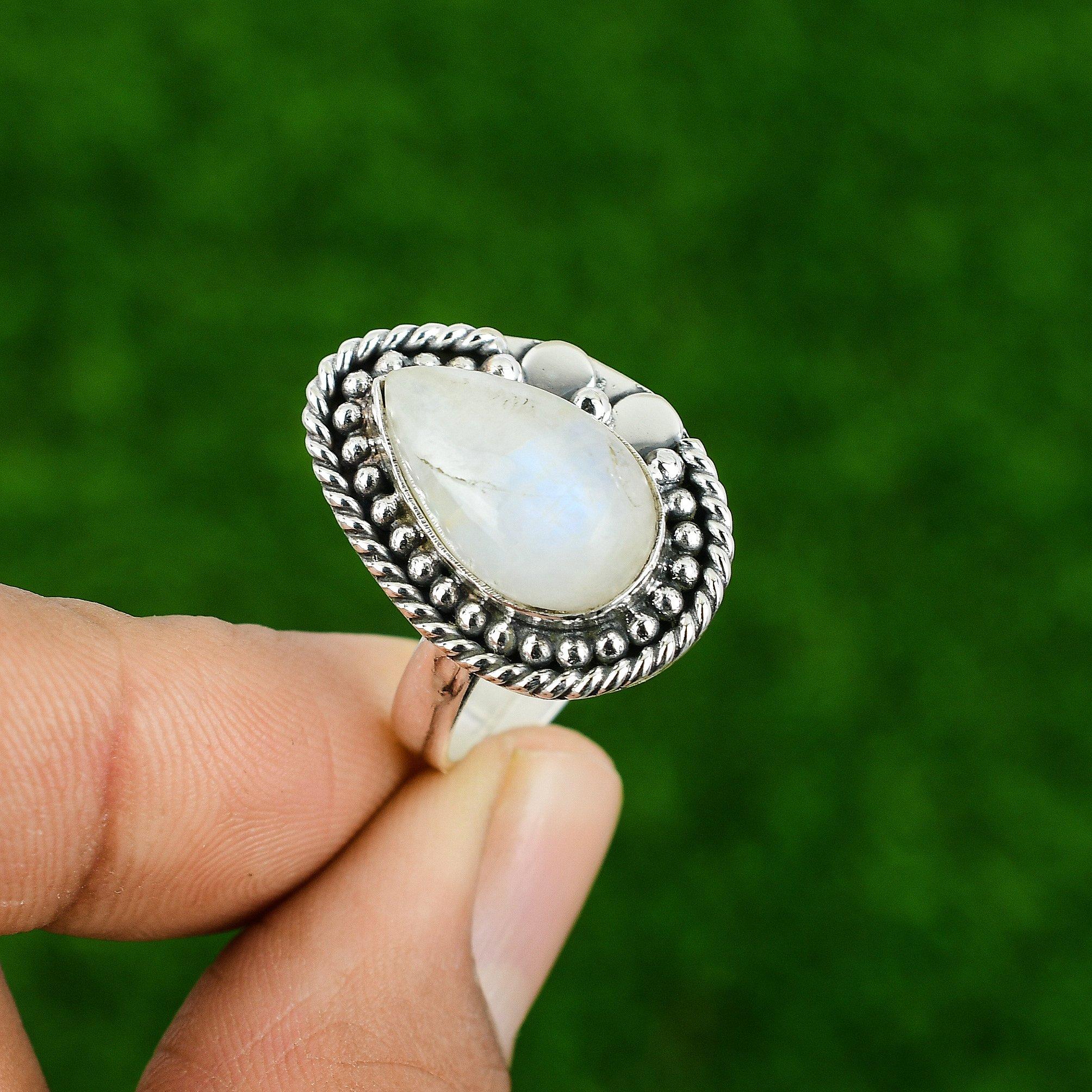 

Кольцо-заявление из стерлингового серебра 925 пробы с камнем радужный лунный камень для коронной чакры Adjustable