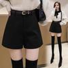 Women's Black Woolen High-Waisted Wide-Leg Shorts for Autumn/Winter 2023