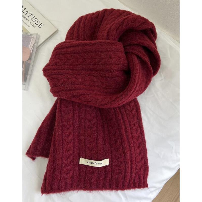 New Solid Color Twist Knitted White Green Scarf for Women in Winter with Wool Warm Scarf Korean Style Student Versatile