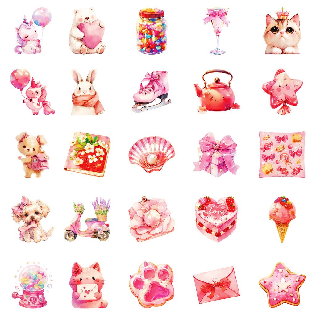 50 Cute Pink Mixed Graffiti Stickers Strawberry Unicorn Shells Waterproof Decorative Stickers