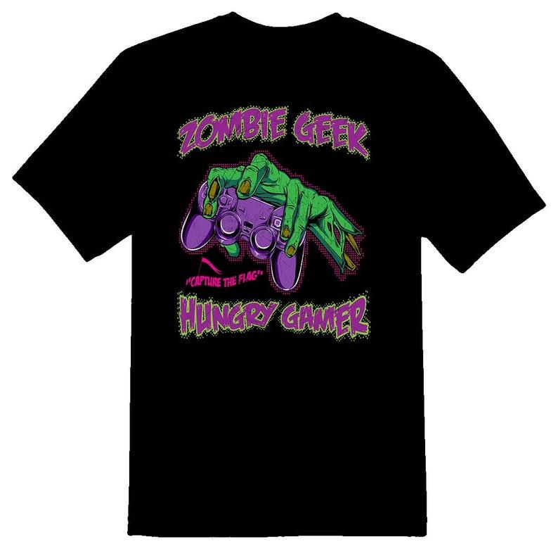 Zombie geek hungry gamer controller black tee Halloween 100