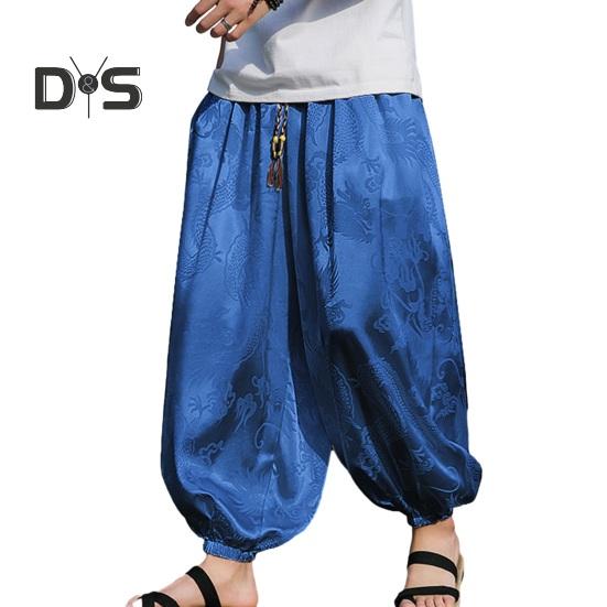 

Мужские брюки-фонарики в стиле хиппи в стиле бохо, мешковатые брюки с принтом дракона, свободные мягкие дышащие шаровары с полосками на щиколотке, длинные брюки для йоги M синий