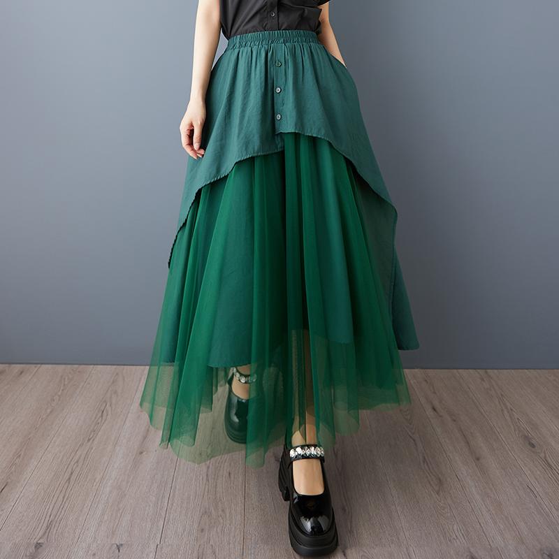 DIMANAF 2025 Printemps Été Grande Taille Femmes Nouvelles Jupes Vintage Élastique Dentelle Asymétrique Jupes Amples Taille Haute