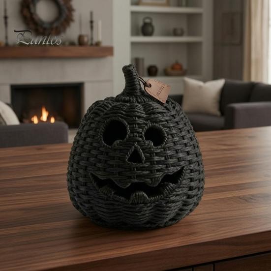 Black Braided Halloween Prop Handwoven Pumpkin Basket with Witch Hat Lid, Rustic Wicker Trick Fall Housewarming Gifts or Treat Bucket for Indoor