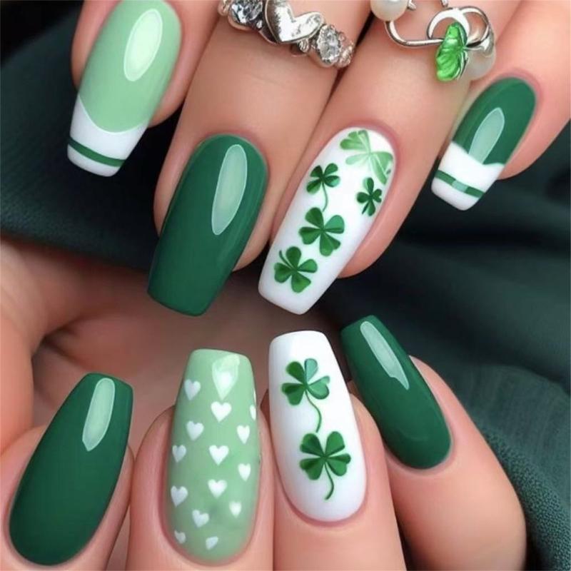 

Stylish Green Shamrock Medium False Nail Acrylic Stick on Nail Full Cover Press on Nail For Patrick s Day And Parties 1