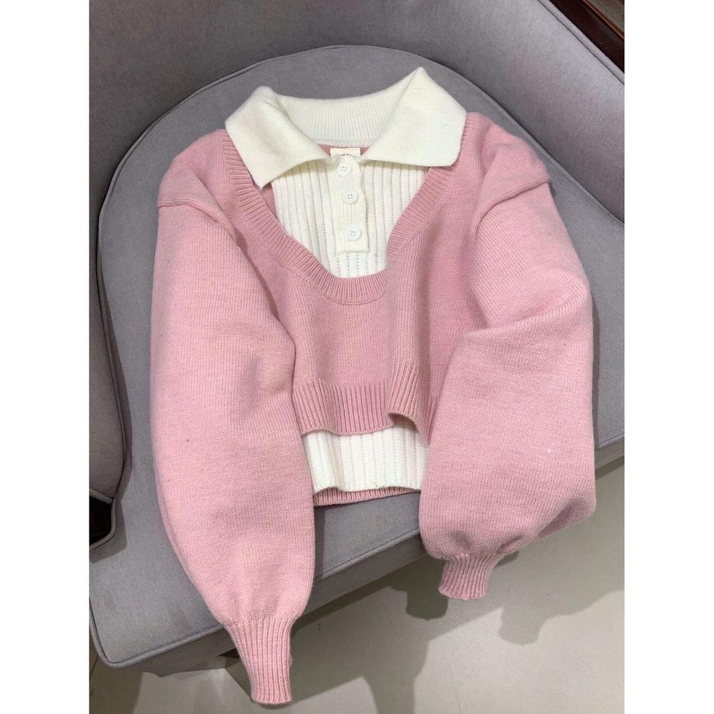 2025 Preppy Korejský Pletený Svetr Polo ze Dvou Kusů