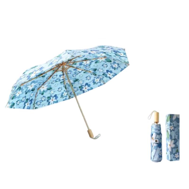 Easily Floral Print Wooden Handle 3-Fold Umbrella