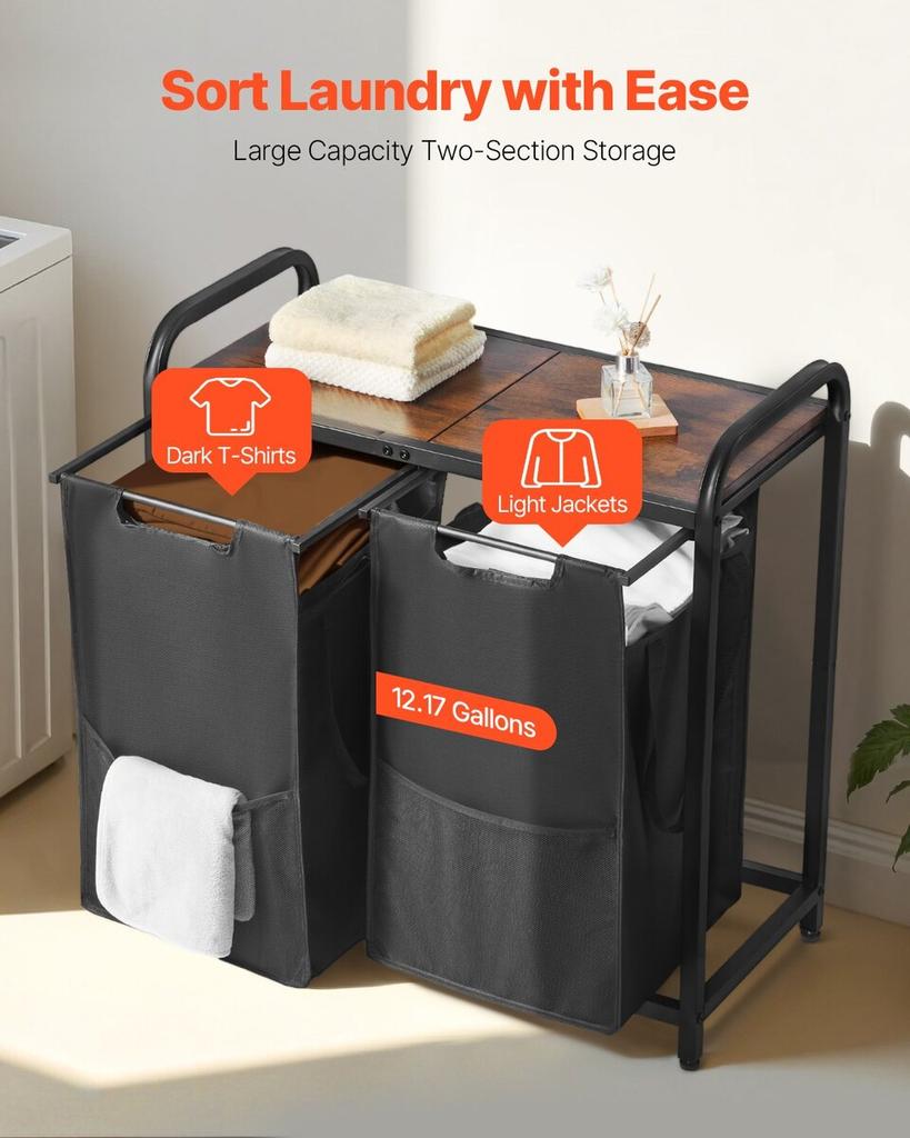 2 Section Laundry Sorter with Pull-Out Bags Metal Frame & Wooden Tabletop