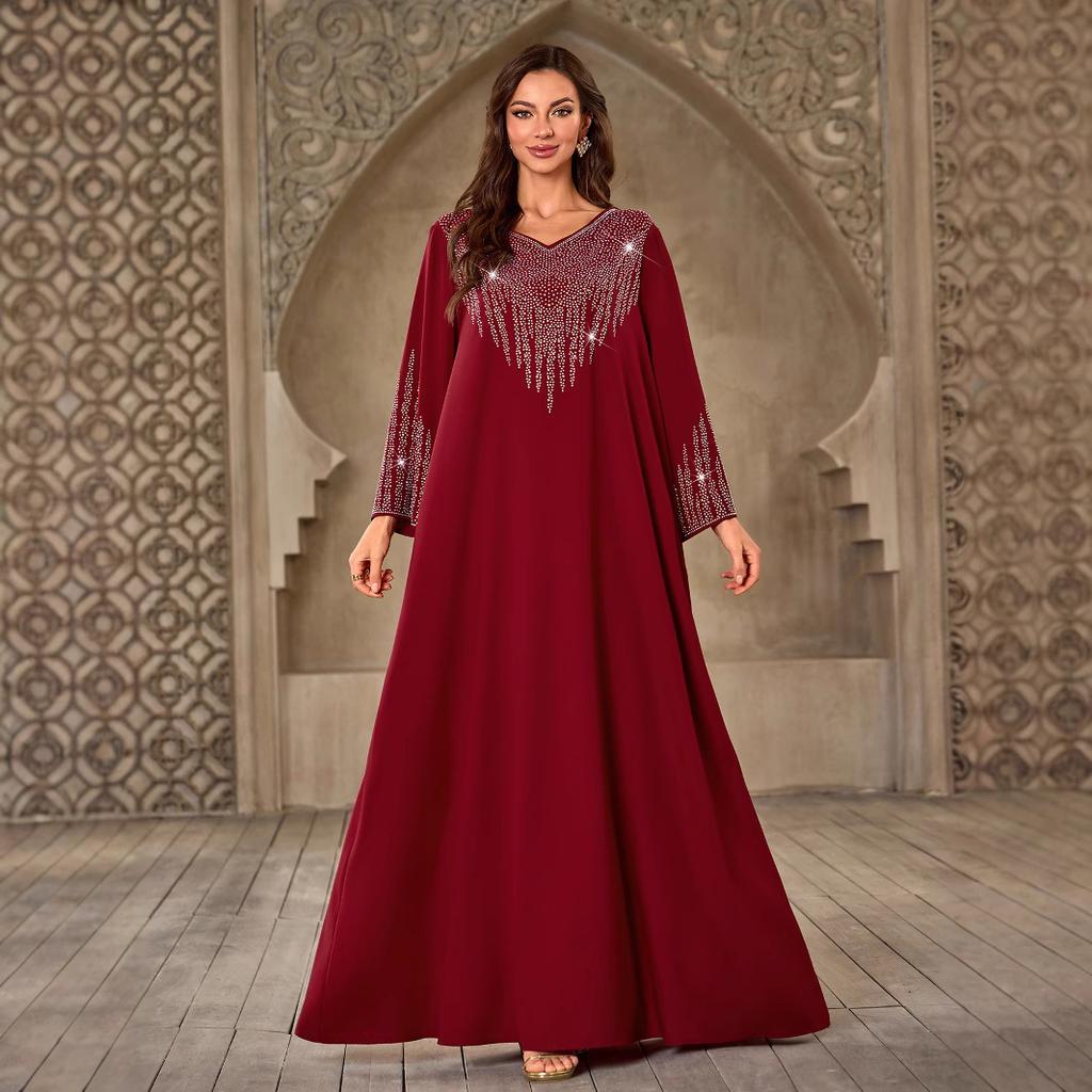 XQY500405 Middle East Women's Clothing, Fashion Hot Diamond V-Neck Casual Loose Dubai New Dress