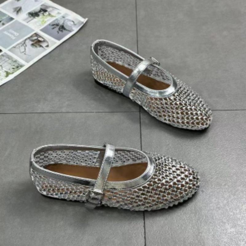 Fashion 2025 New Luxury Crystal Rhinestone Fishnet Ballet Flats Woman Brand Design Rivet Mesh Mary Jane Shoes Ladies Summer Loafers