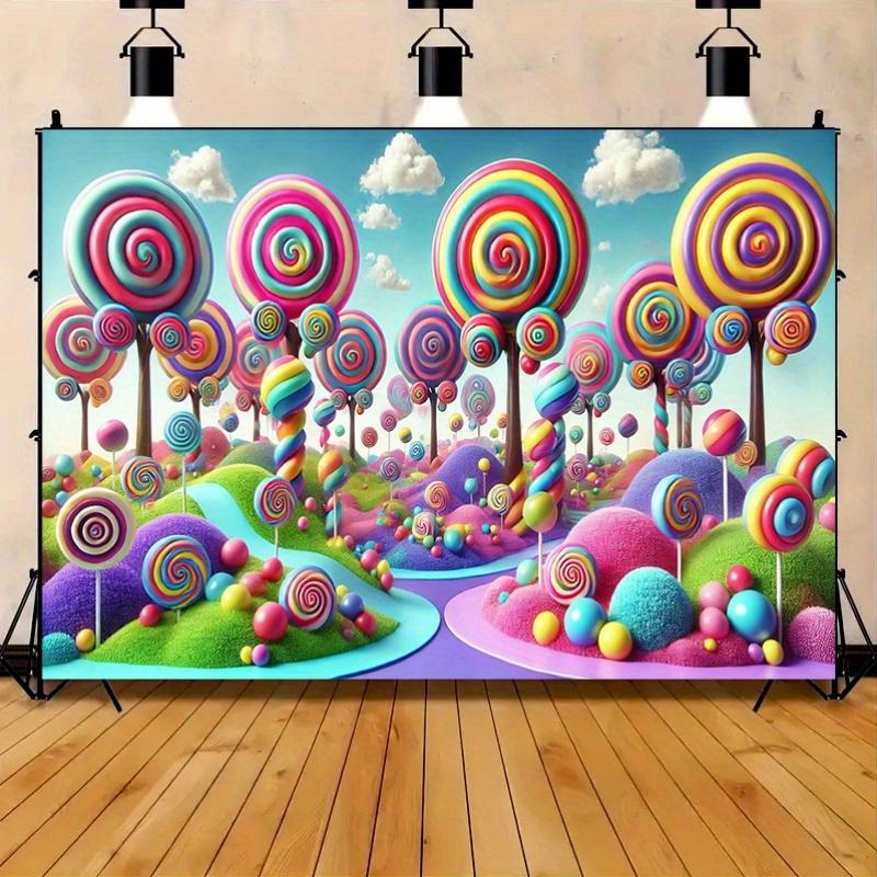 A dreamy candy-themed background banner made of polyester, suitable for various party decorations both indoors and outdoors.
