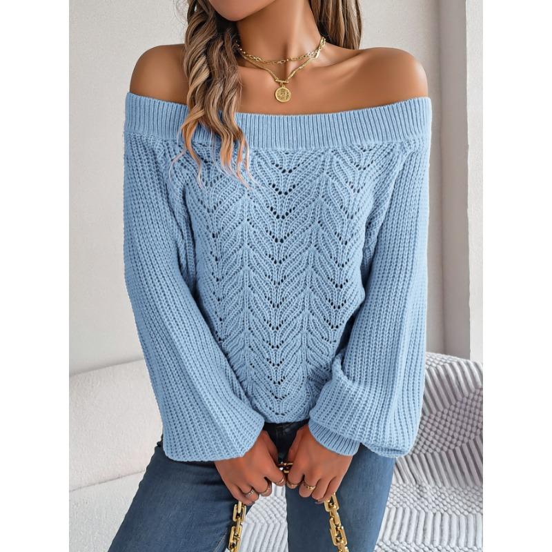 Fashion Off-the-shoulder Pullover Hollow Out Women Sweater Autumn Casual Knitted Tops Long Sleeve Loose Casual Solid Color One-word Collar Sweaters