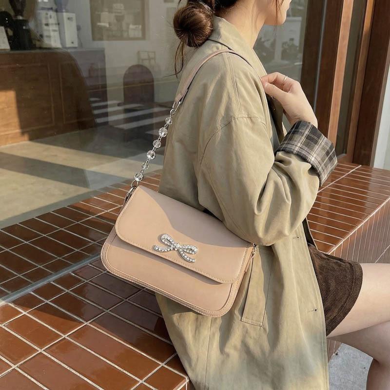 Trend Early Spring Fashion Solid Color Design Foreign Korean Version Bow Casual New Crossbody Portable Small Square Bag