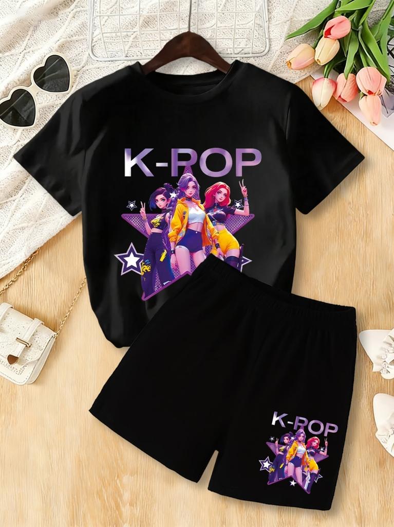Summer Kpop Popular Cartoon Print Children Clothing Short Sleeve Shorts Set Featuring Casual Harajuku Children Clothes Girl Set