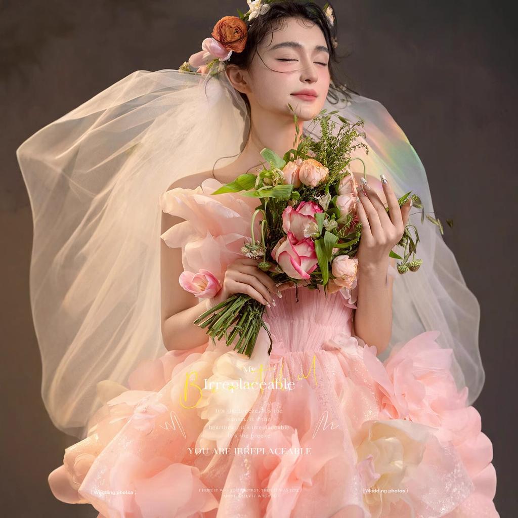 Nuevo vestido de novia de alta gama estilo pintura al óleo con flores, vestido color rosa Mori
