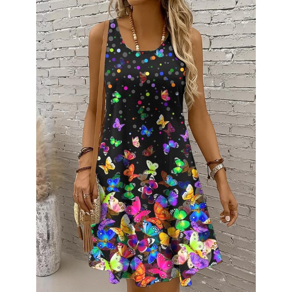 Women s Butterfly Pattern Printed Sleeveless Round Neck Dress Loose Soft and Comfortable Plus Size Dress XS оранжевый