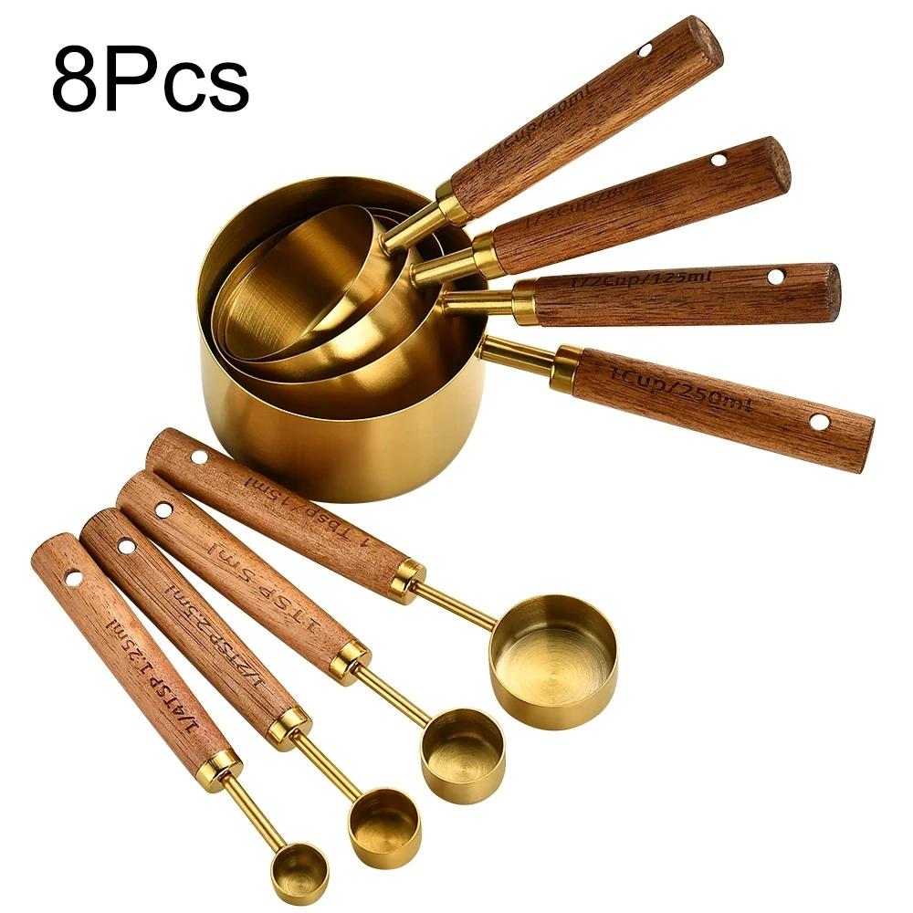 8Pcs Gold Kitchen Baking Tools Bakeware Measuring Tools Scales Set Stainless Steel Measuring Cups and Spoons With Wooden Handle