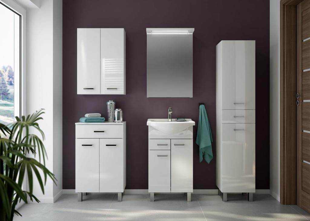 Bathroom cabinet 50x85cm standing on legs, white gloss Mea