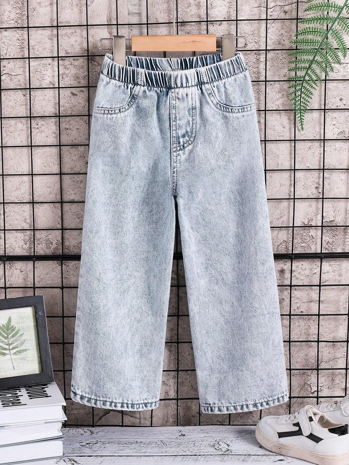 

Boys Retro Street Style Casual Versatile Snowflake Denim Straight Leg Pants 4Y светло-синий