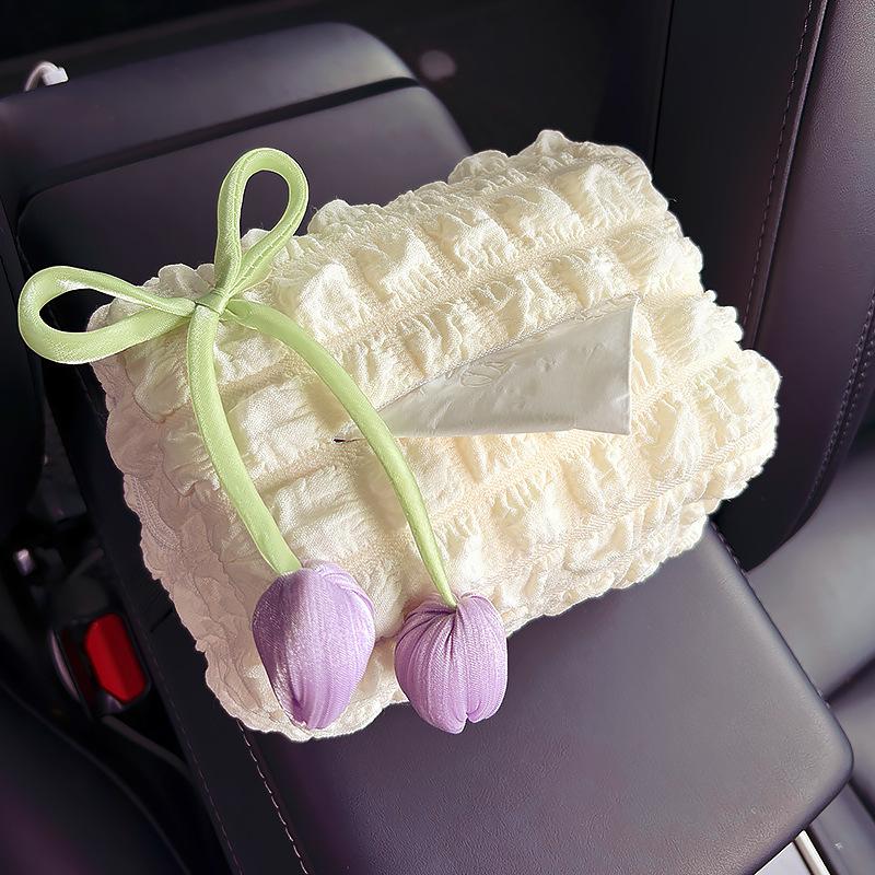 Car Tulip Puff Tissue Box Car Creative Paper Box Tissue Hanging Bag Armrest Box Car Interior Decoration