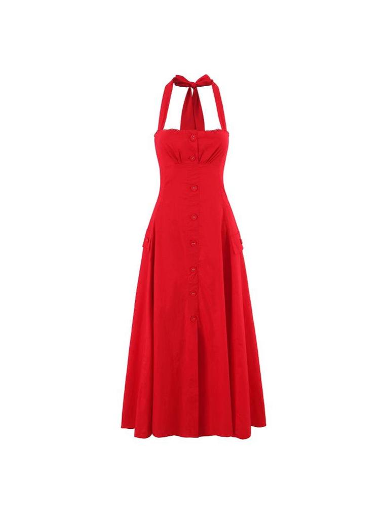 Elegant Retro Red Tie Halter Mid-Length Dress