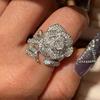 Huitan Bling Bling Rose Flower Adjustable Rings for Women Silver Color Sparkling CZ Aesthetic Rings Wedding Party Trendy