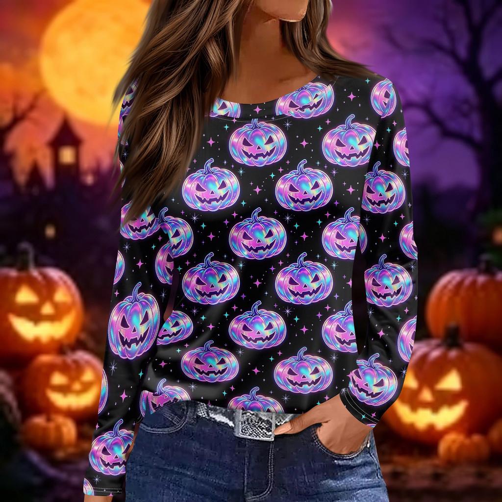 Women's Fashion Long Sleeve Top Halloween Print Round Neck Pullover Shirt with Split Hem Casual Wear for Autumn and Winter