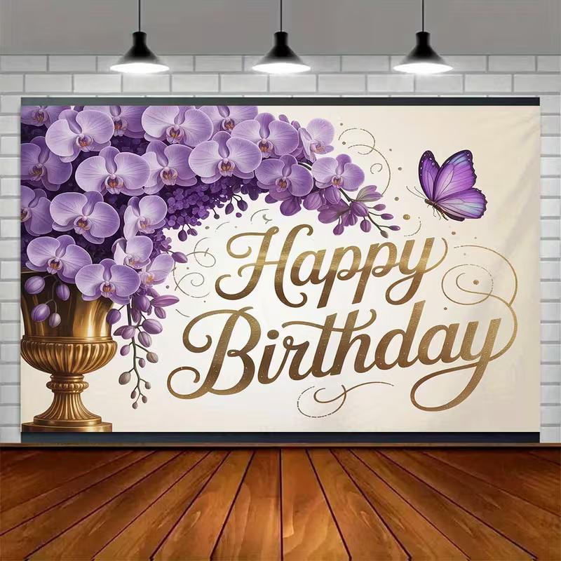 2D Purple Orchid Gold Vase Happy Birthday Backdrop for Women Girls Party