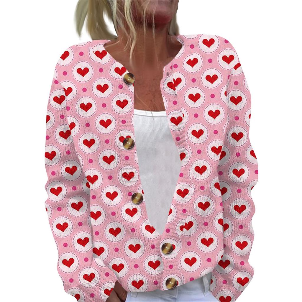 Women's Fashion Printed Valentine's Day Long Sleeved Knitted Cardigan Button Down Jacket